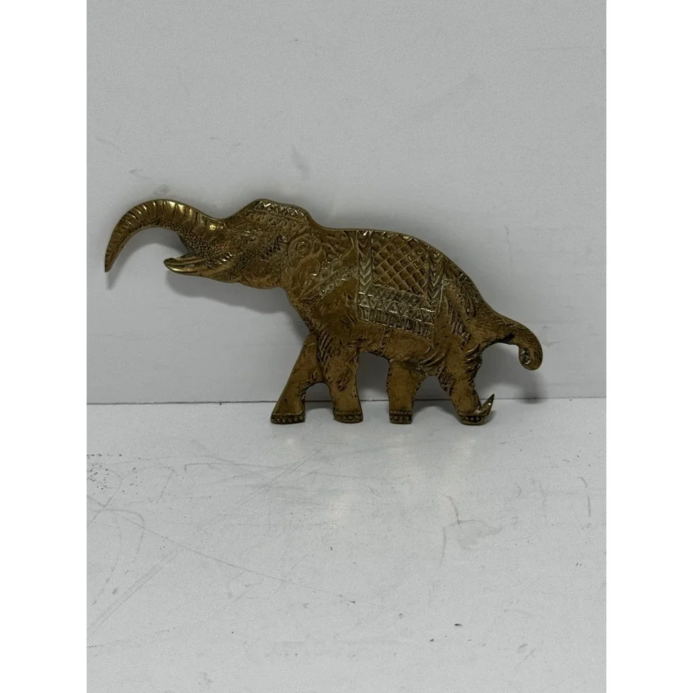 Vintage Brass Elephant Bottle Opener Etched Thailand Good Luck Trunk Up